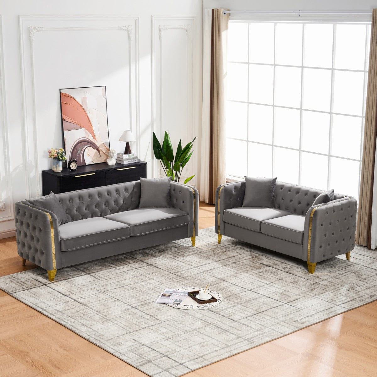Chesterfield Streamdale Velvet Chesterfield 3+2 Seater Sofa with Gold Legs, Grey