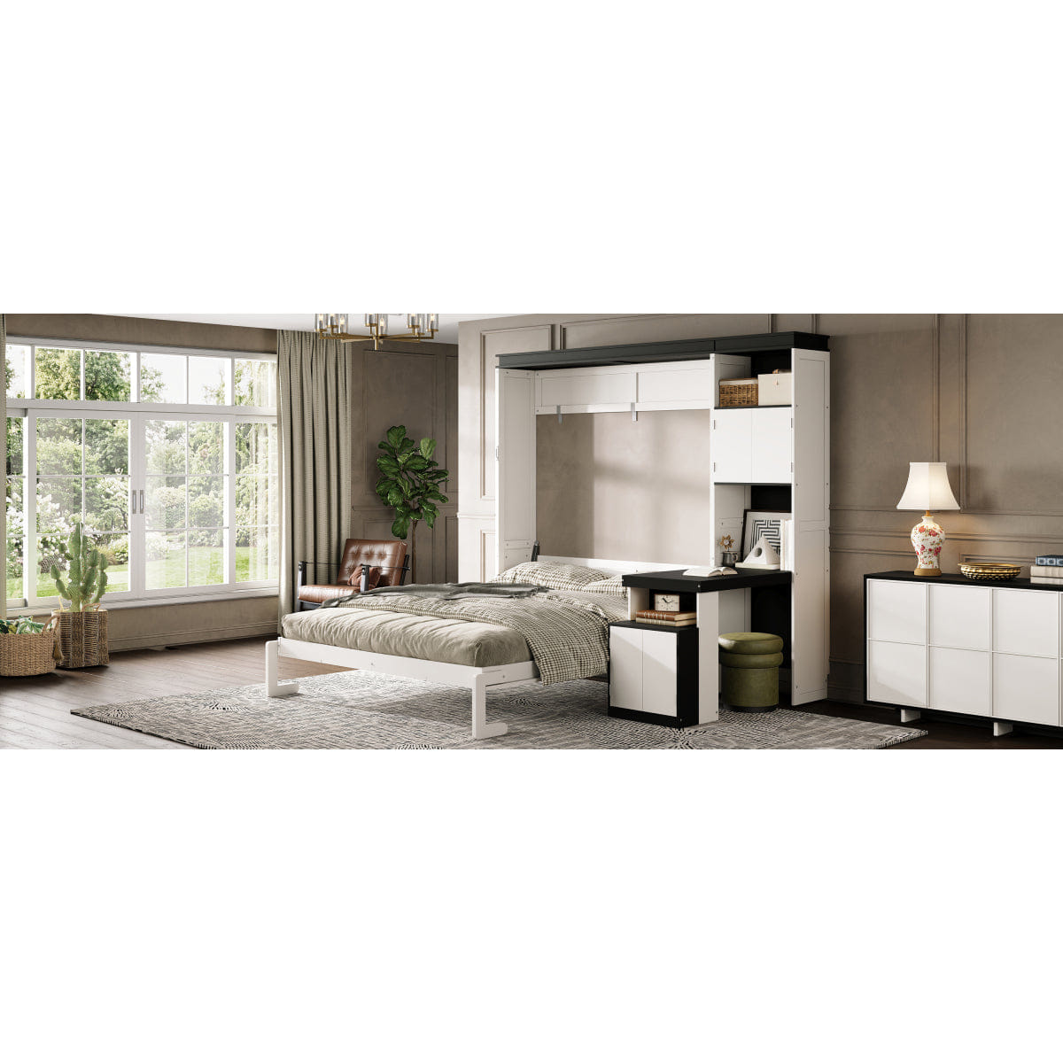 WHITE* Streamdale Full Size Murphy Bed with Desk and Storage Shelves and Cabinets, White