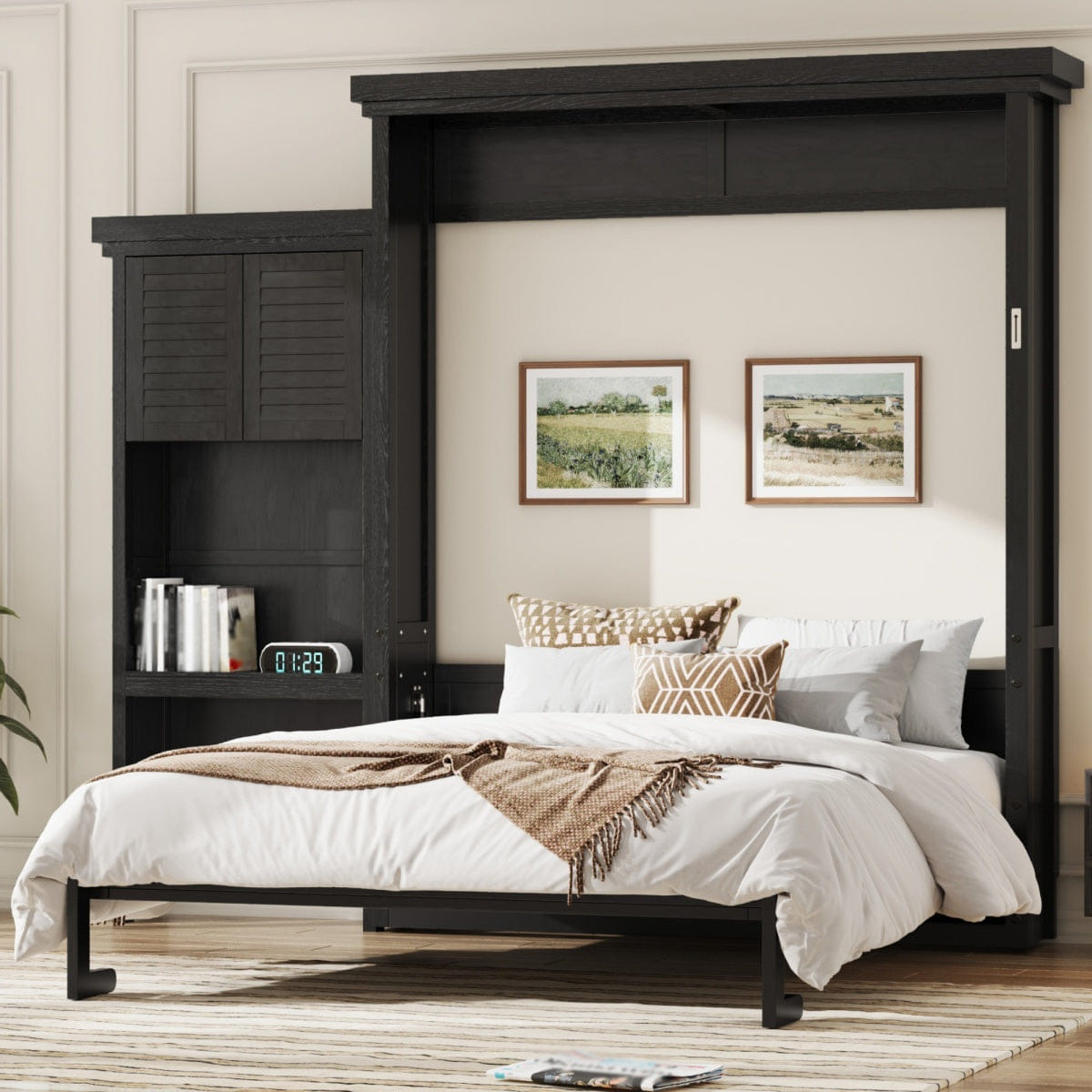 And Streamdale Queen Size Murphy Bed with Shelves and Louvered Style, Black