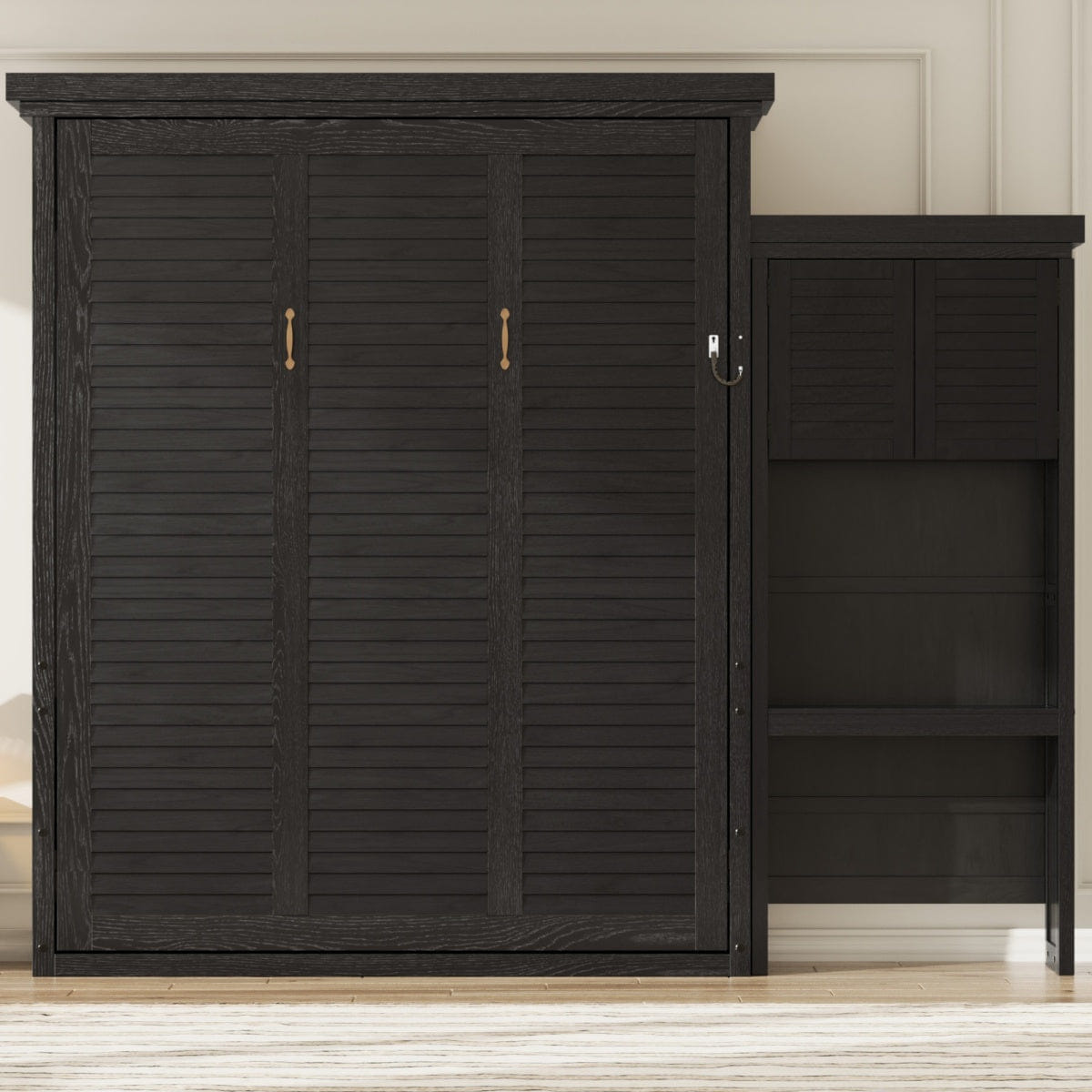 And Streamdale Queen Size Murphy Bed with Shelves and Louvered Style, Black