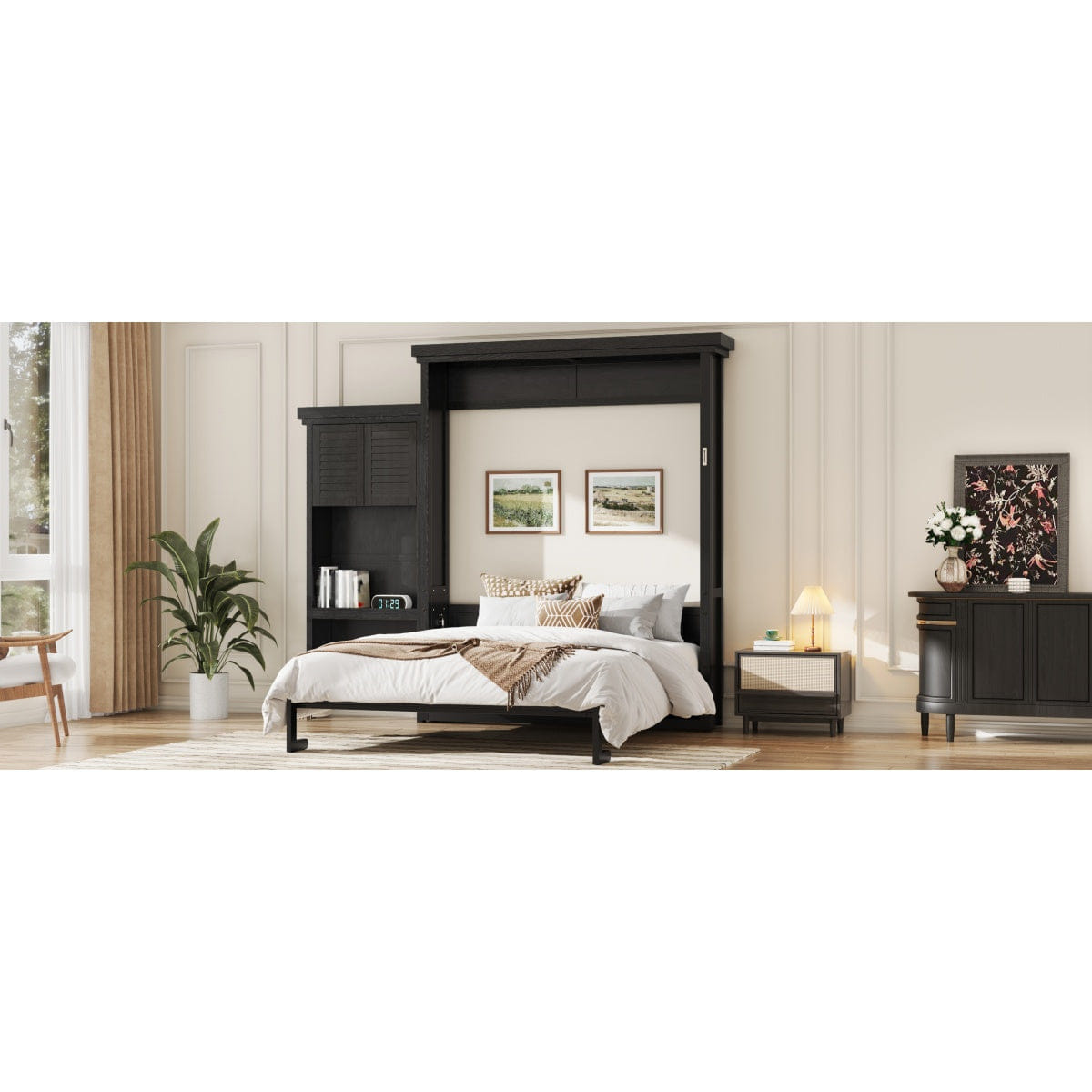And Streamdale Queen Size Murphy Bed with Shelves and Louvered Style, Black