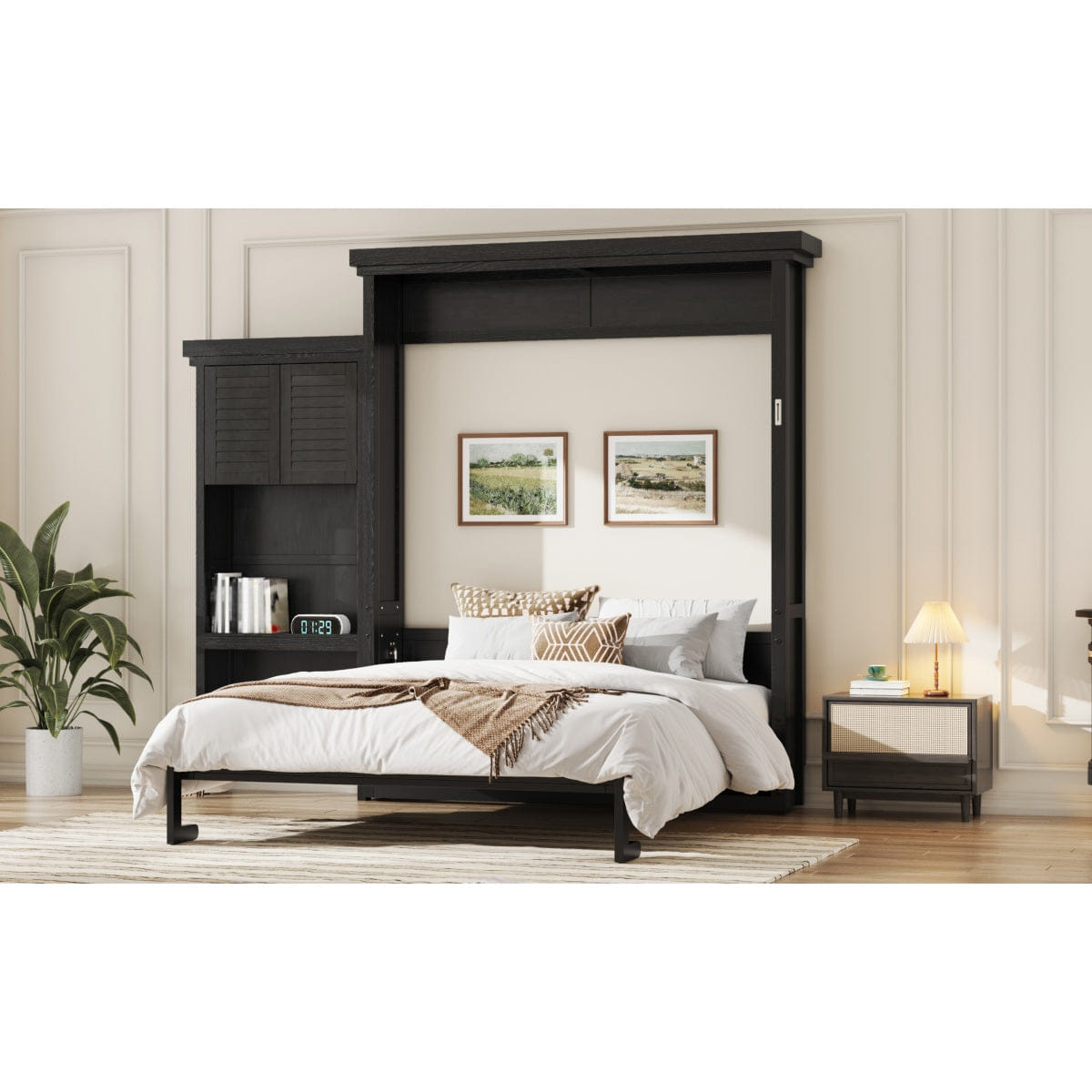 And Streamdale Queen Size Murphy Bed with Shelves and Louvered Style, Black
