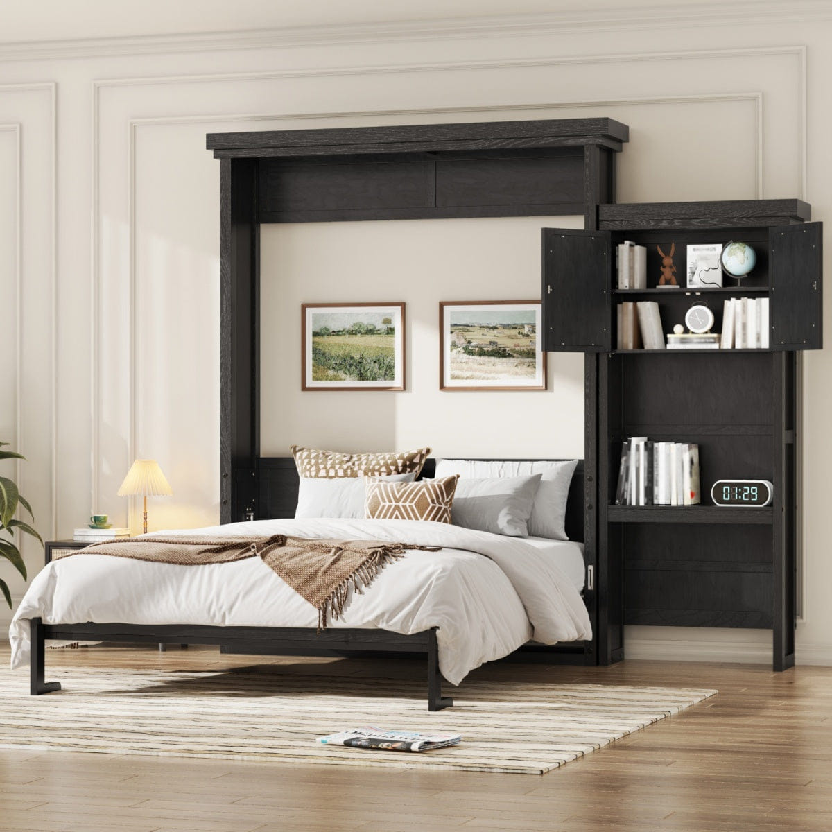 And Streamdale Queen Size Murphy Bed with Shelves and Louvered Style, Black
