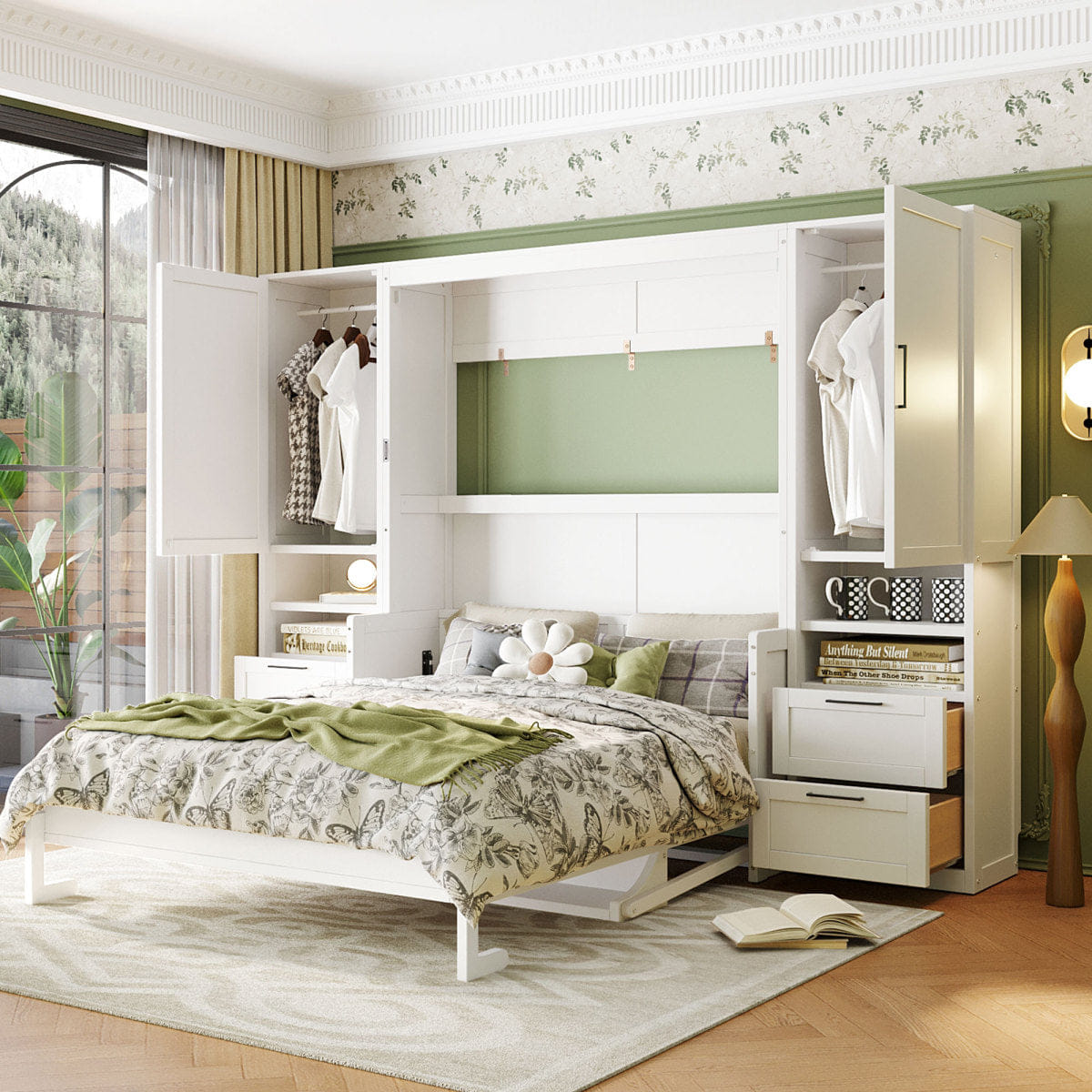 Closet Streamdale Queen Size Murphy Bed with Closet, Drawers and Shelves, White
