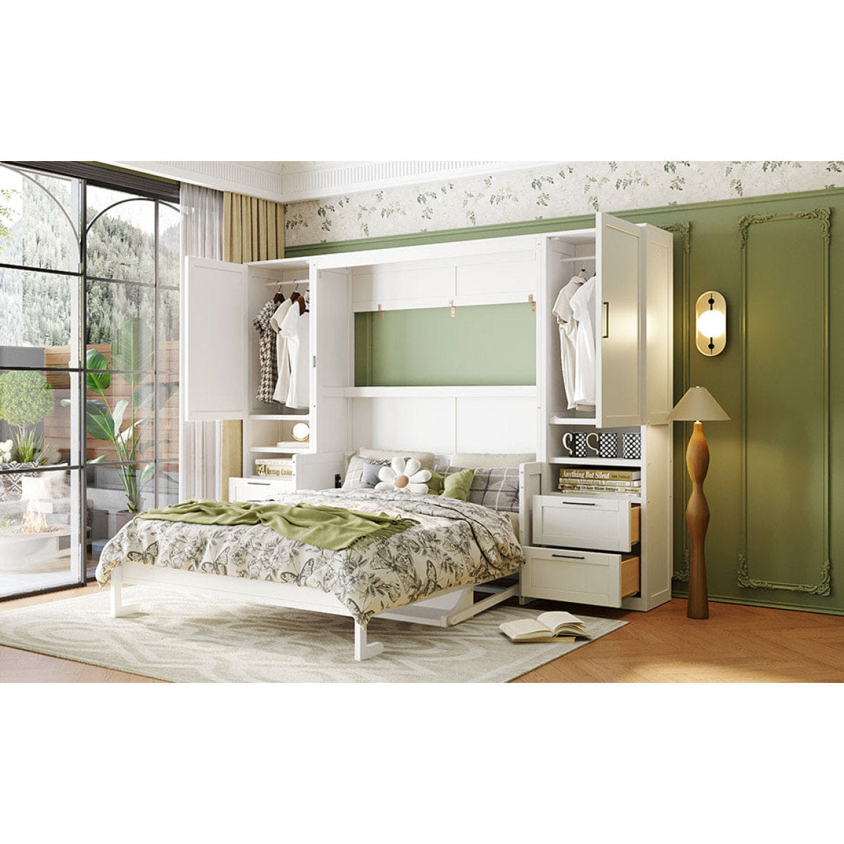 Closet Streamdale Queen Size Murphy Bed with Closet, Drawers and Shelves, White