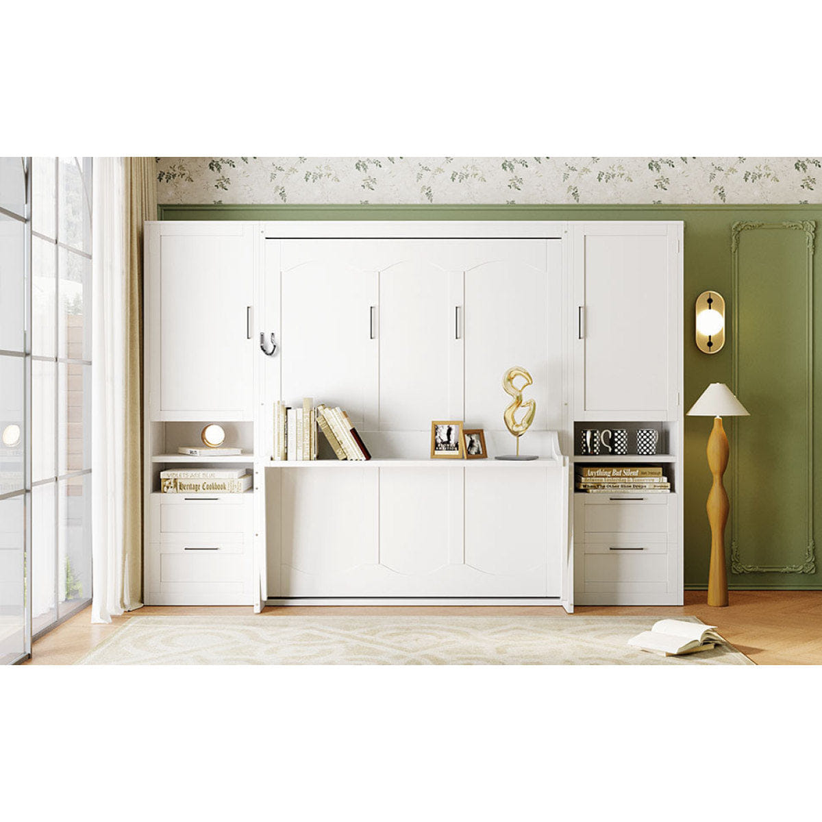 Closet Streamdale Queen Size Murphy Bed with Closet, Drawers and Shelves, White
