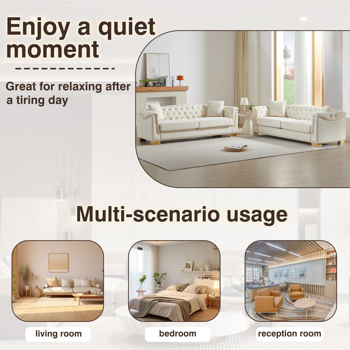 Chesterfield Streamdale Chesterfield Velvet 3+3 Seater Sofa Set, Beige