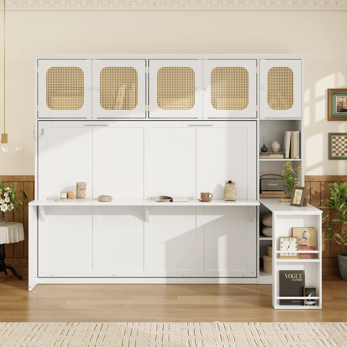 WHITE* Streamdale Murphy Bed with Desk & Rattan Cabinets, Warm White