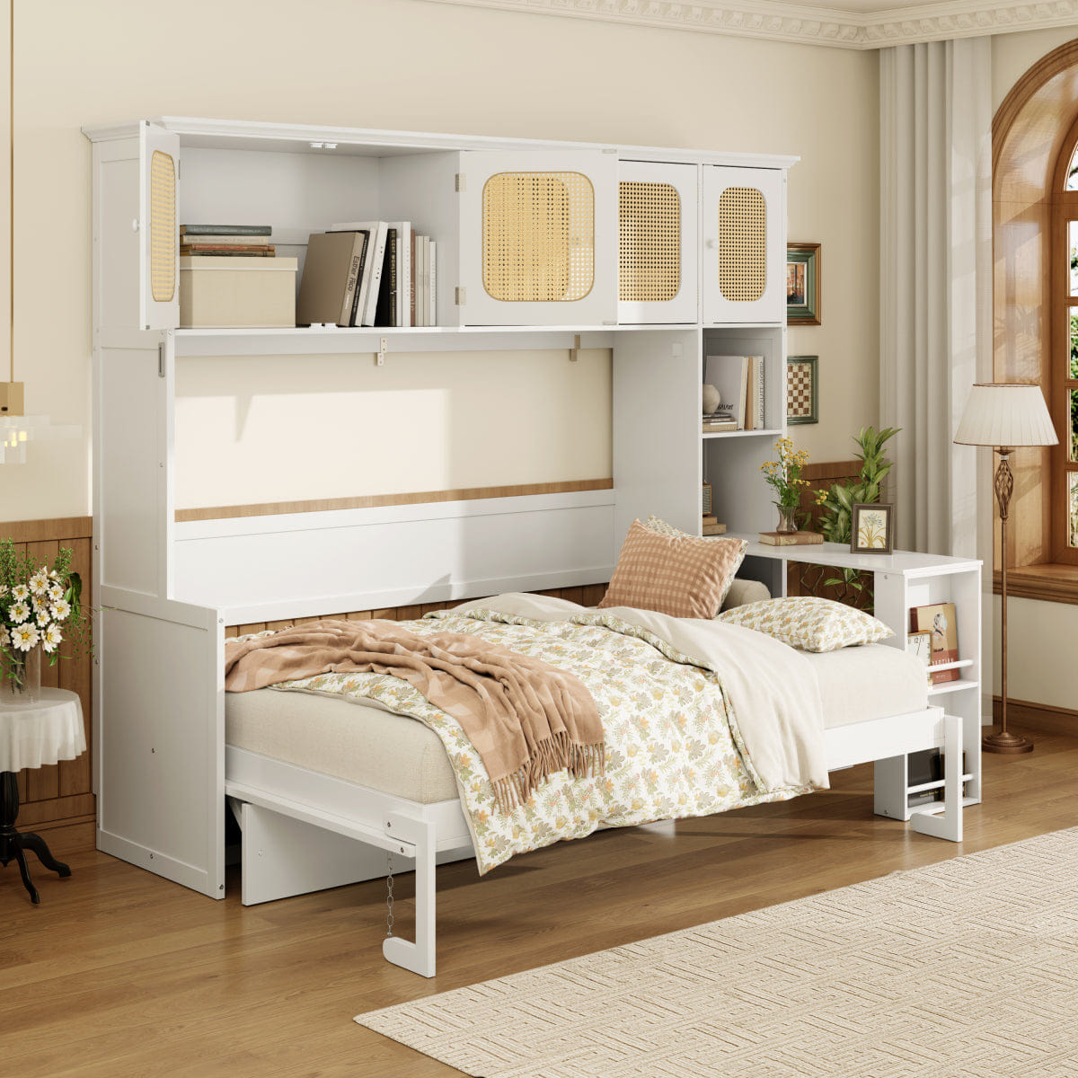 WHITE* Streamdale Murphy Bed with Desk & Rattan Cabinets, Warm White