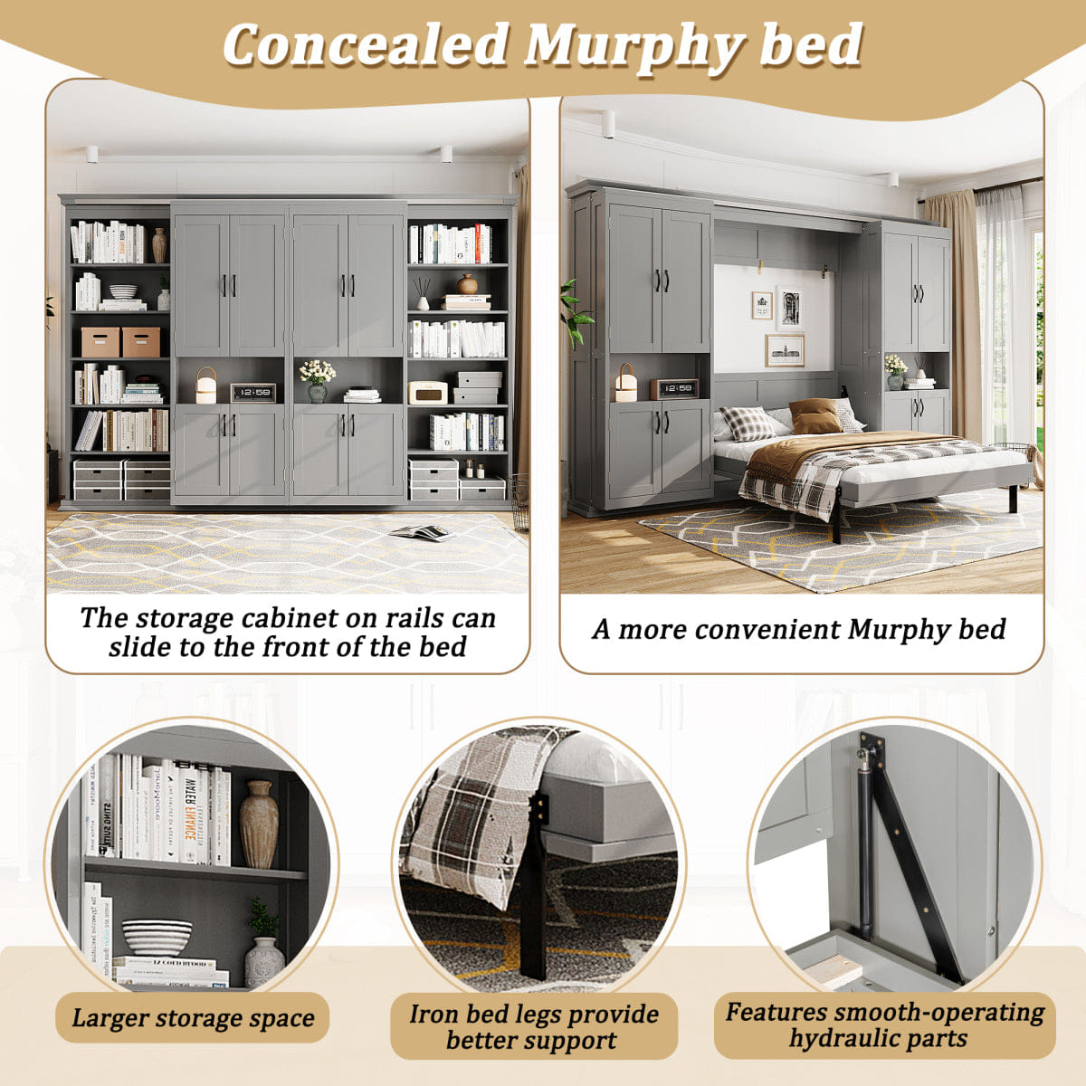 DUAL Streamdale Full - size Murphy Bed with Dual Sliding Storage Cabinets - Gray
