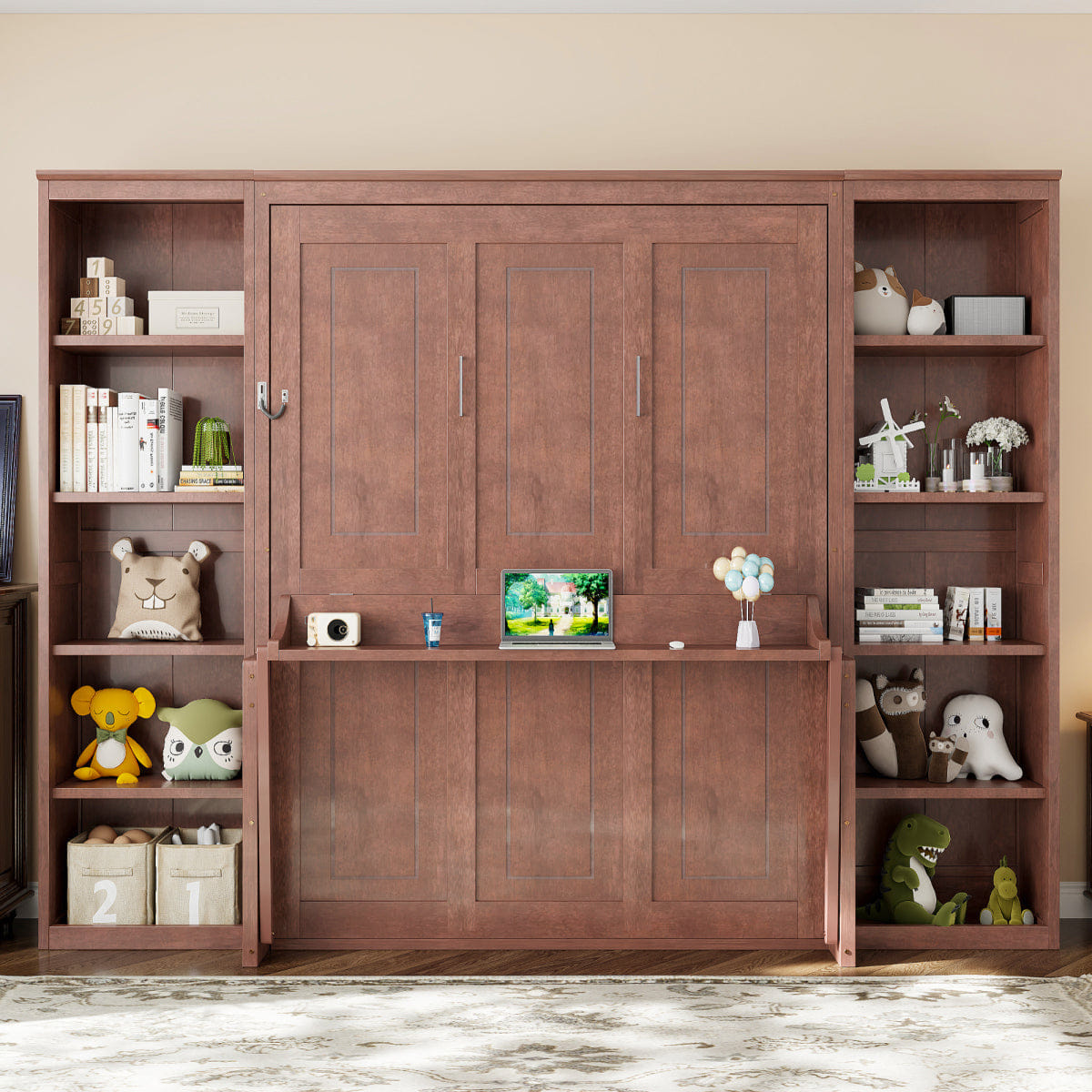 And Streamdale Queen Size Murphy Bed with Desk and Bookshelf, Dark Brown