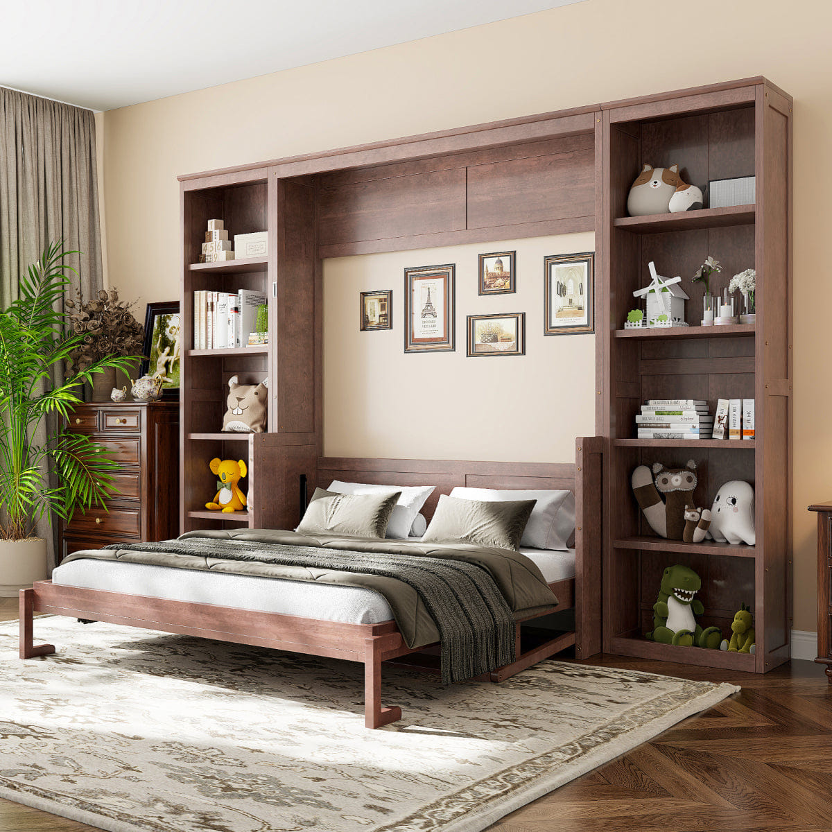 And Streamdale Queen Size Murphy Bed with Desk and Bookshelf, Dark Brown