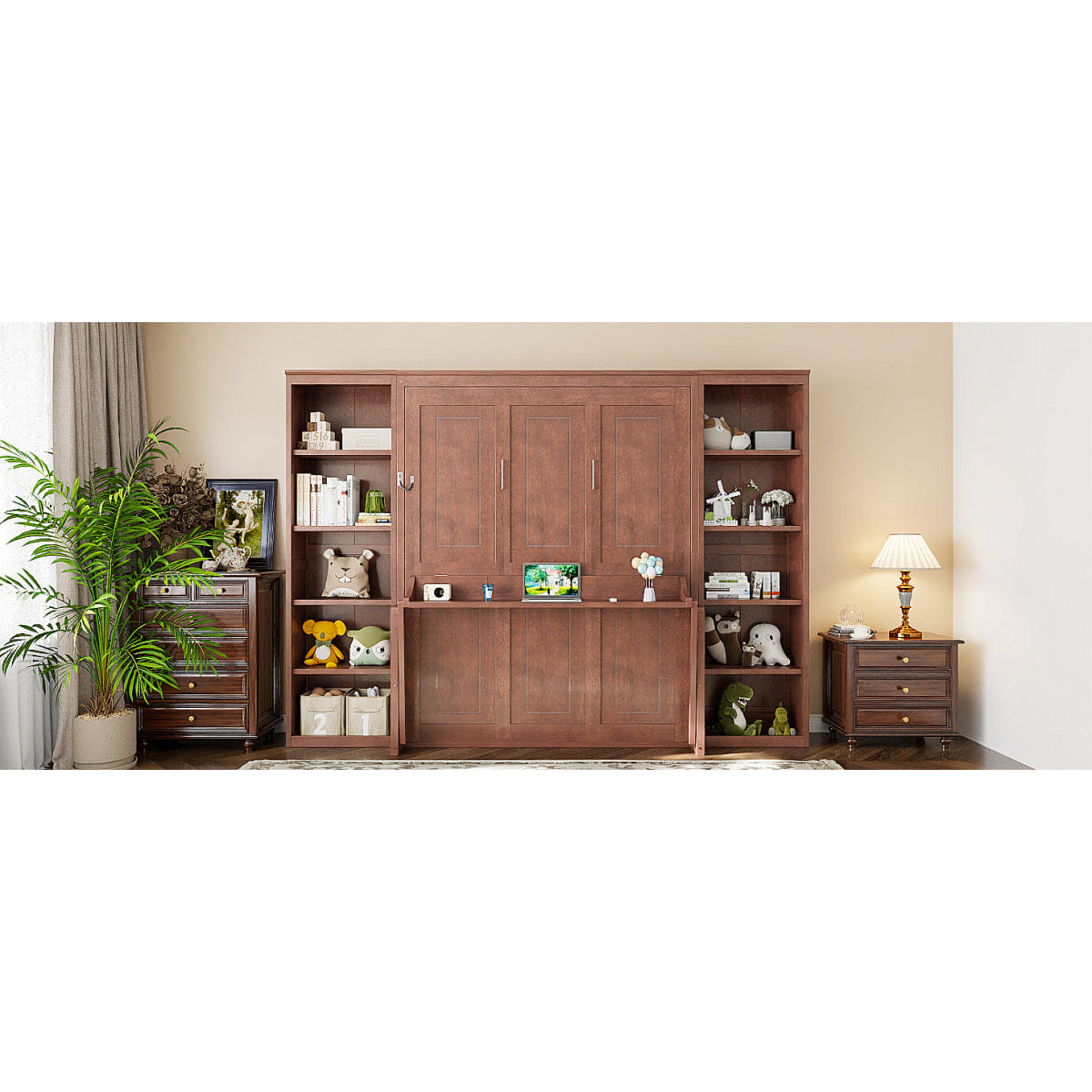 And Streamdale Queen Size Murphy Bed with Desk and Bookshelf, Dark Brown