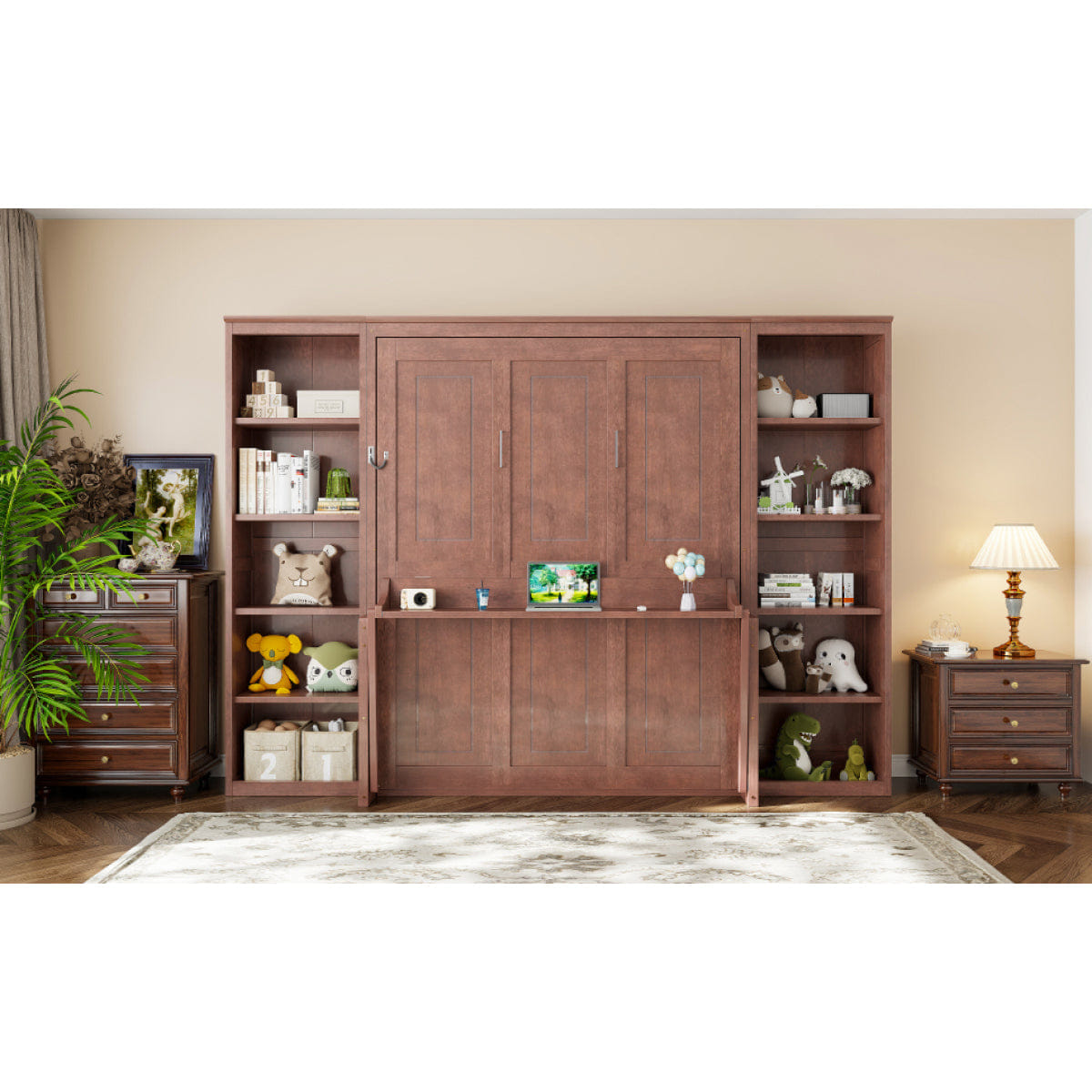 And Streamdale Queen Size Murphy Bed with Desk and Bookshelf, Dark Brown