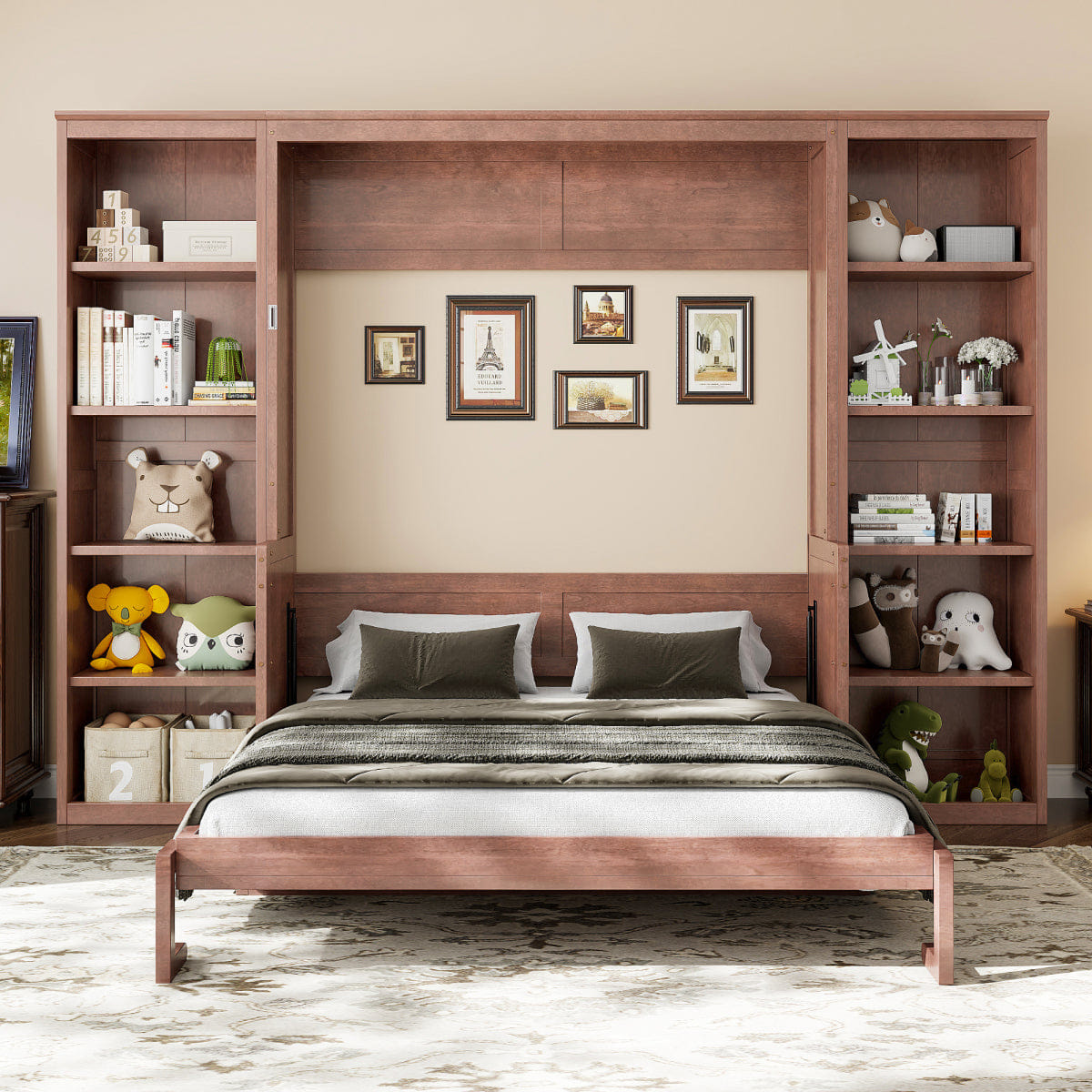 And Streamdale Queen Size Murphy Bed with Desk and Bookshelf, Dark Brown