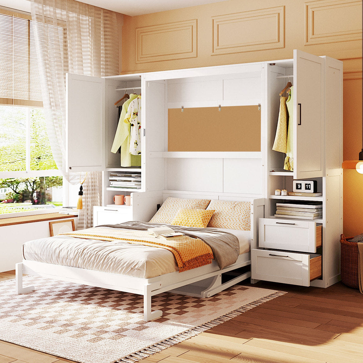 Closet Streamdale Full Size Murphy Bed with Closet, Drawers and Shelves, White