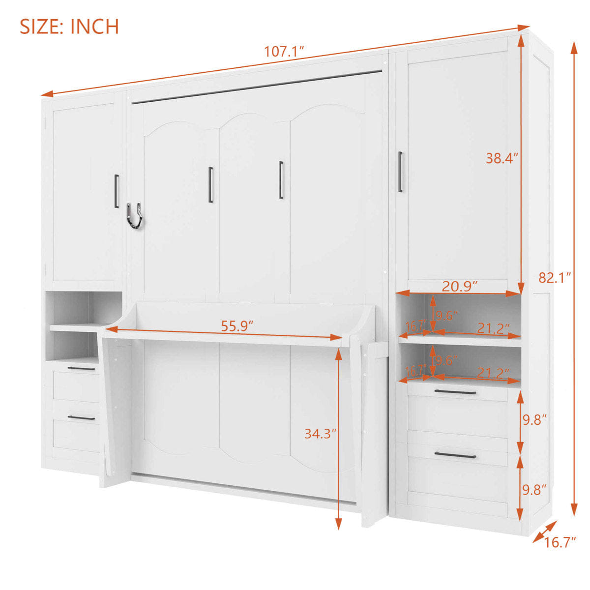 Closet Streamdale Full Size Murphy Bed with Closet, Drawers and Shelves, White