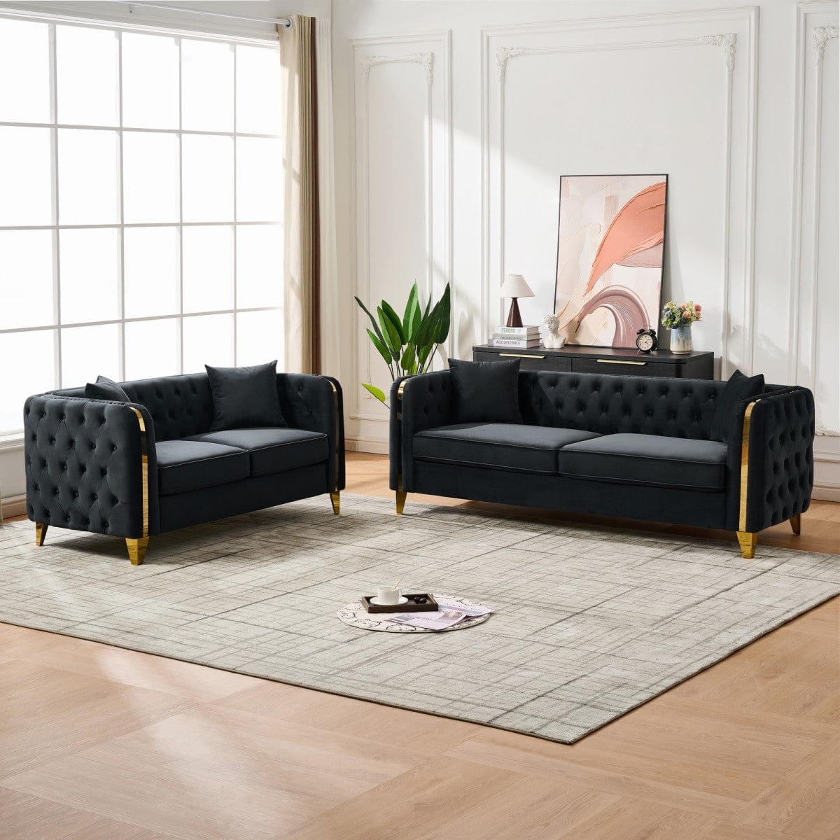 Chesterfield Streamdale Velvet Chesterfield 3+2 Seater Sofa with Gold Legs, Black