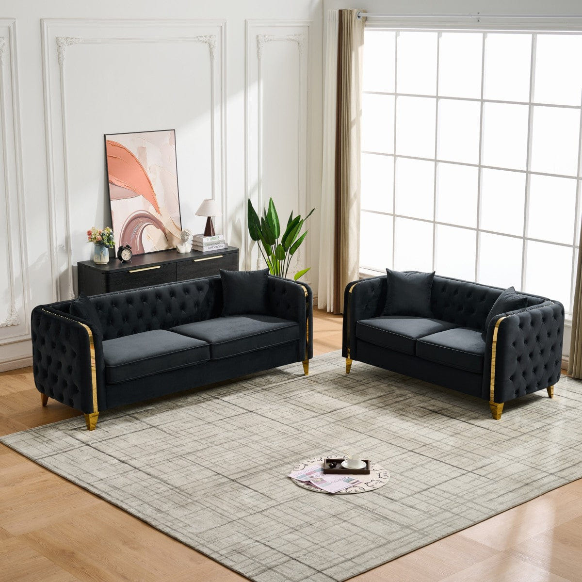 Chesterfield Streamdale Velvet Chesterfield 3+2 Seater Sofa with Gold Legs, Black