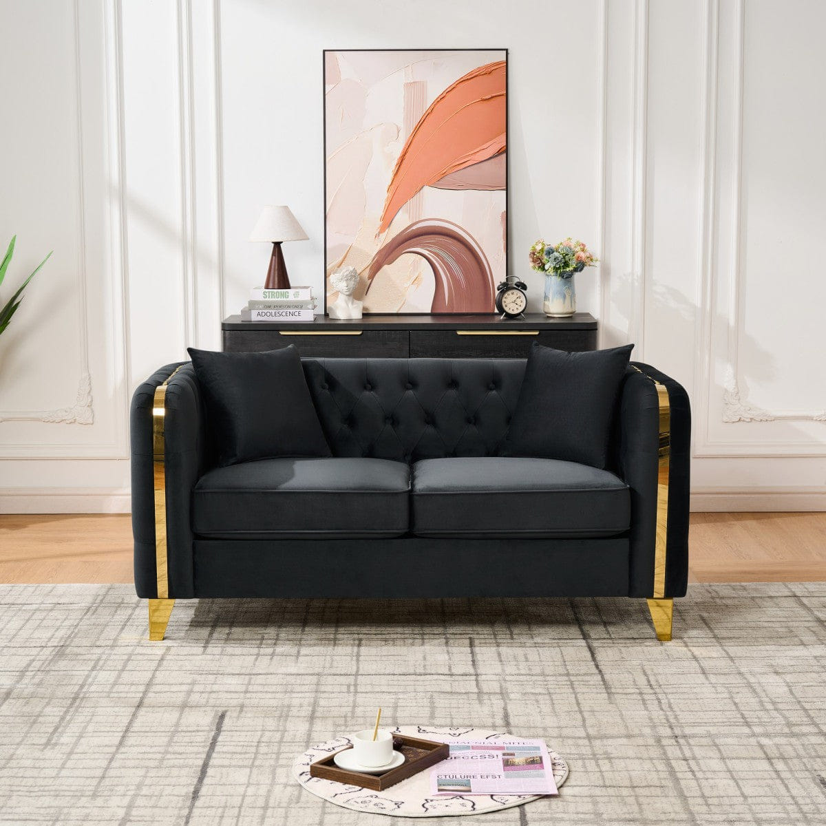 Chesterfield Streamdale Velvet Chesterfield 3+2 Seater Sofa with Gold Legs, Black