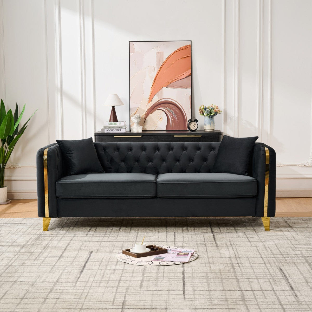 Chesterfield Streamdale Velvet Chesterfield 3+2 Seater Sofa with Gold Legs, Black
