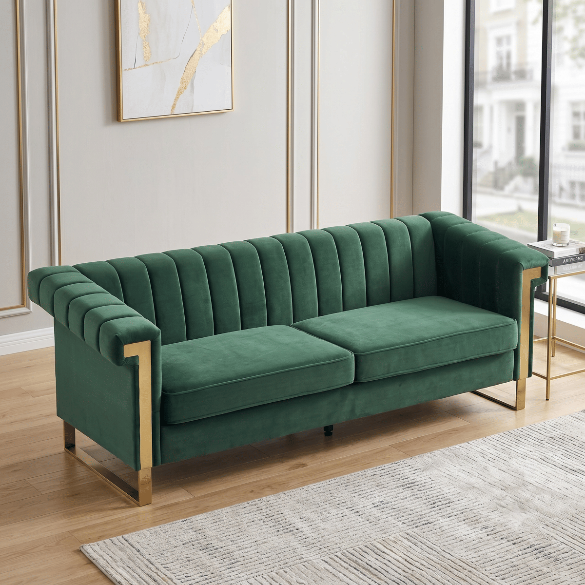Velvet Streamdale Modern Retro Green Velvet 3 - Seater Sofa with Gold Accents