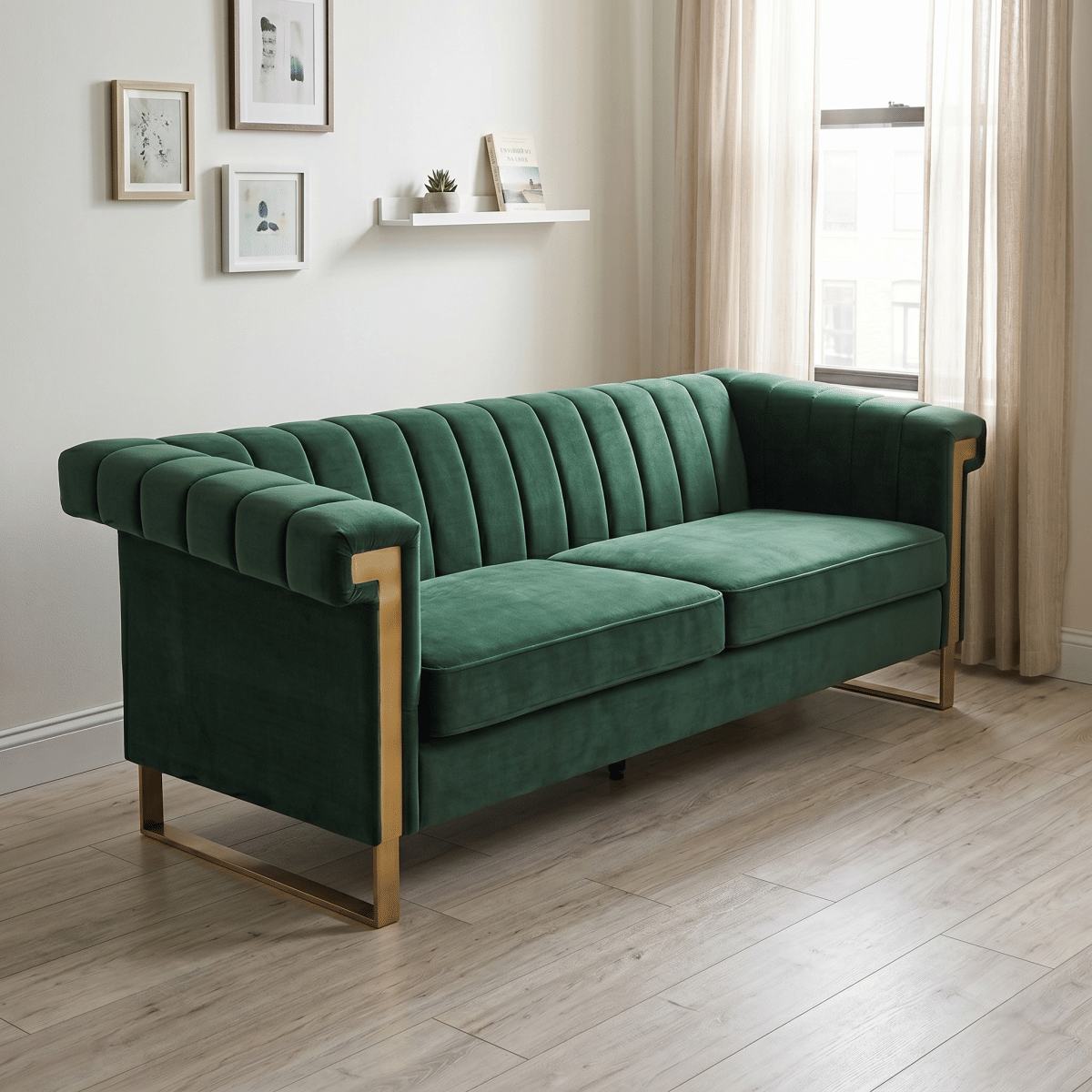 Velvet Streamdale Modern Retro Green Velvet 3 - Seater Sofa with Gold Accents
