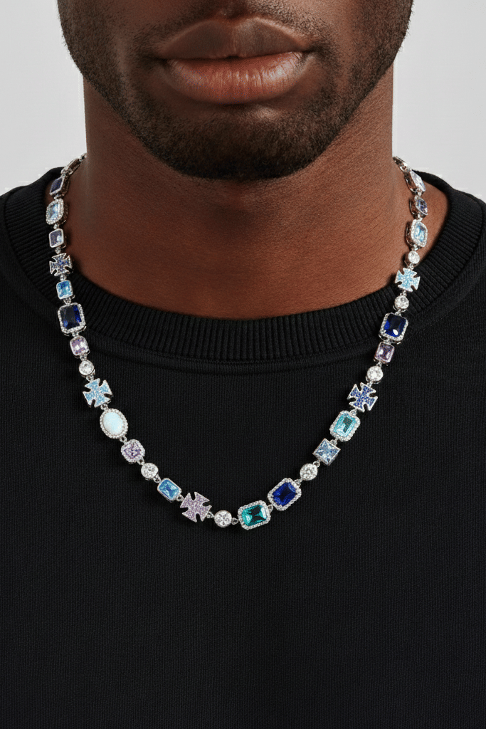 Blue Multi Gemstone Motif Chain In White Gold