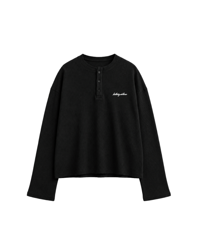 HASHWAY ARCHIVES EMBROIDERED HENLEY WAFFLE T-SHIRT - BLACK