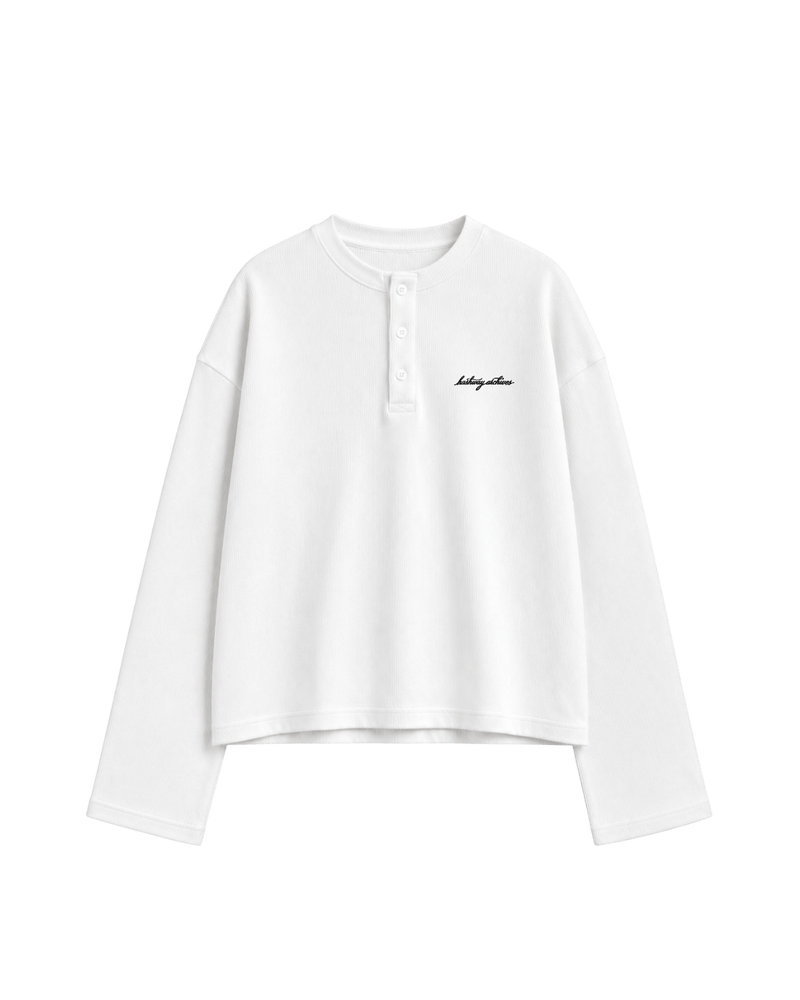 HASHWAY ARCHIVES EMBROIDERED HENLEY WAFFLE T-SHIRT - WHITE