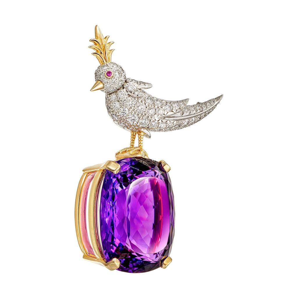 Gold, Platinum, 69.94ct Amethyst and Diamond Bird on a Rock Brooch