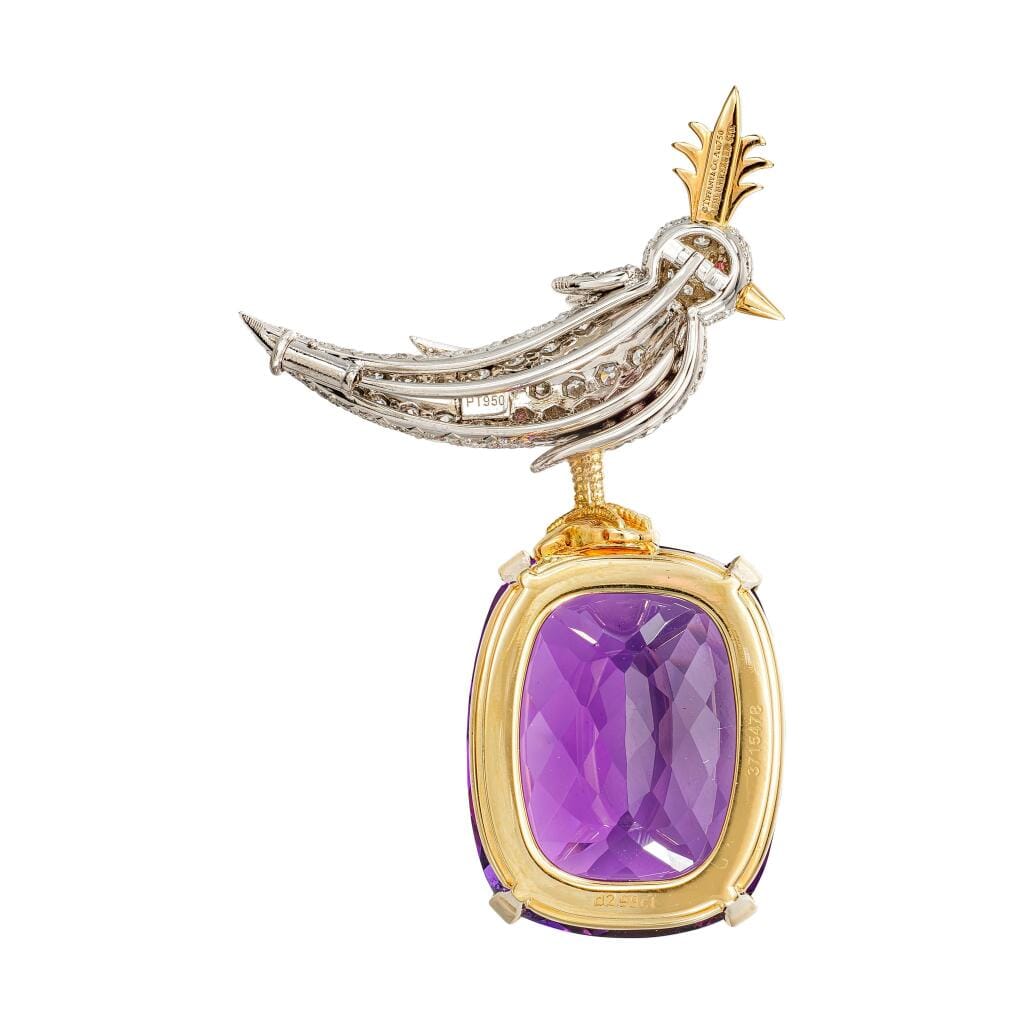Gold, Platinum, 69.94ct Amethyst and Diamond Bird on a Rock Brooch