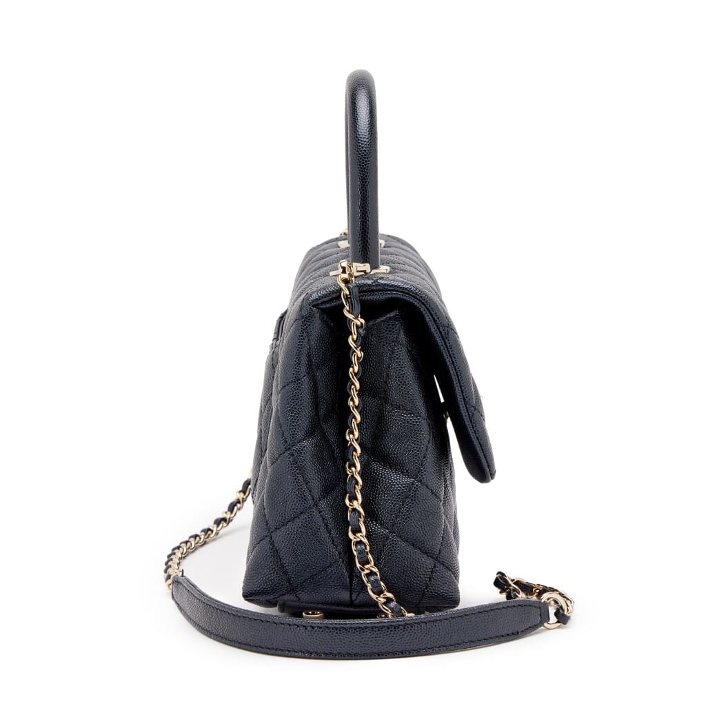 Dark Blue Quilted Iridescent Pearly Caviar Mini Coco Top Handle Flap Bag Light Gold Hardware, 2020