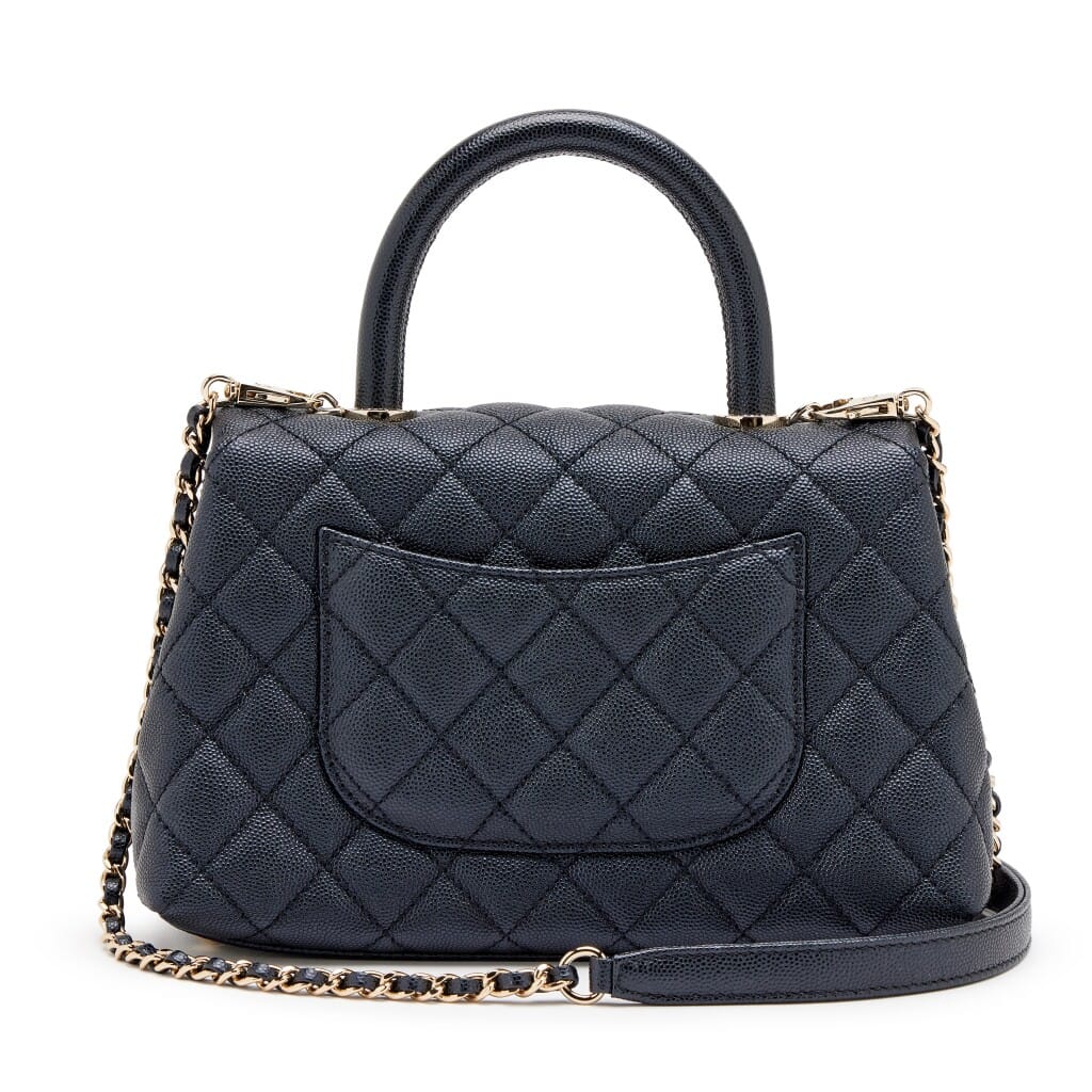 Dark Blue Quilted Iridescent Pearly Caviar Mini Coco Top Handle Flap Bag Light Gold Hardware, 2020