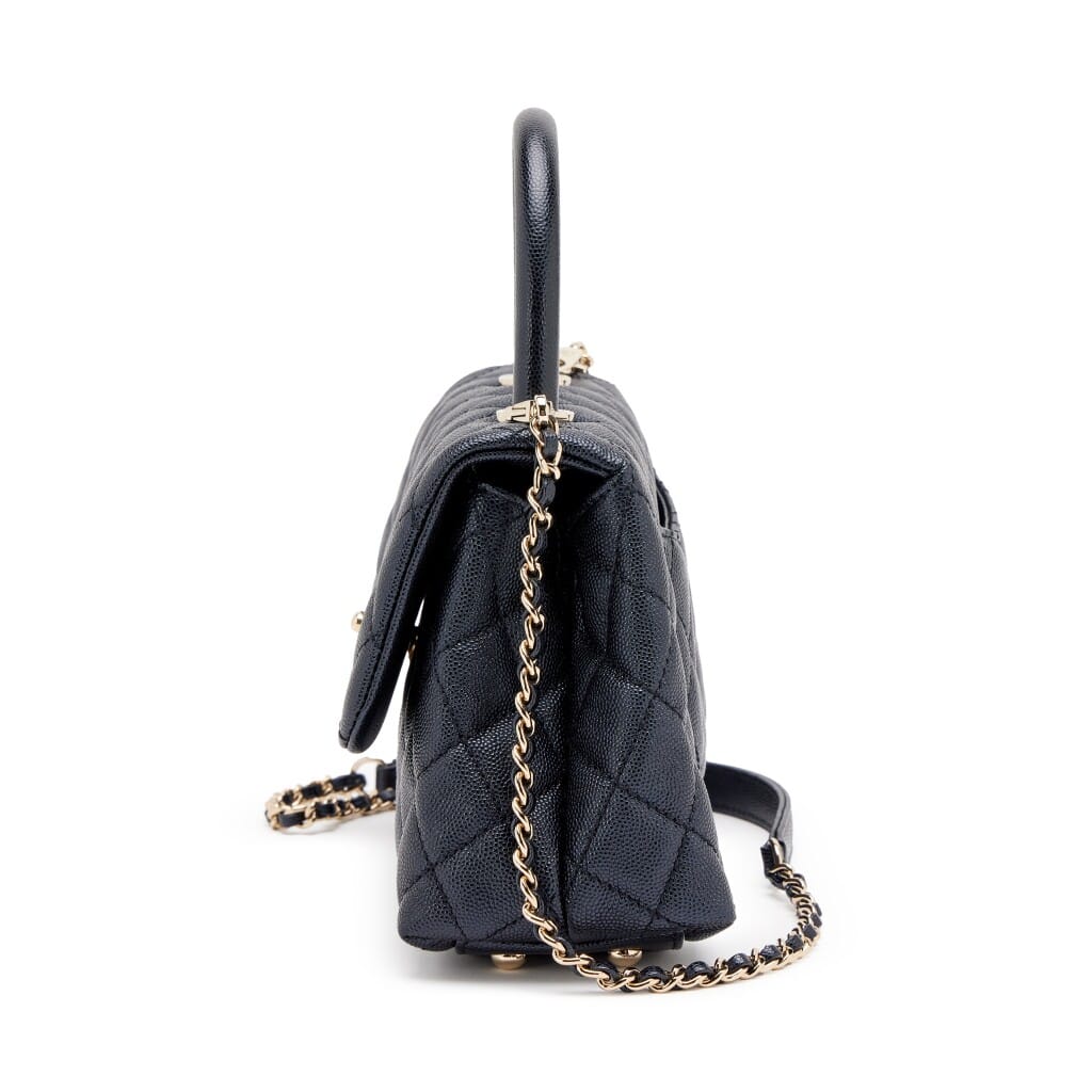 Dark Blue Quilted Iridescent Pearly Caviar Mini Coco Top Handle Flap Bag Light Gold Hardware, 2020