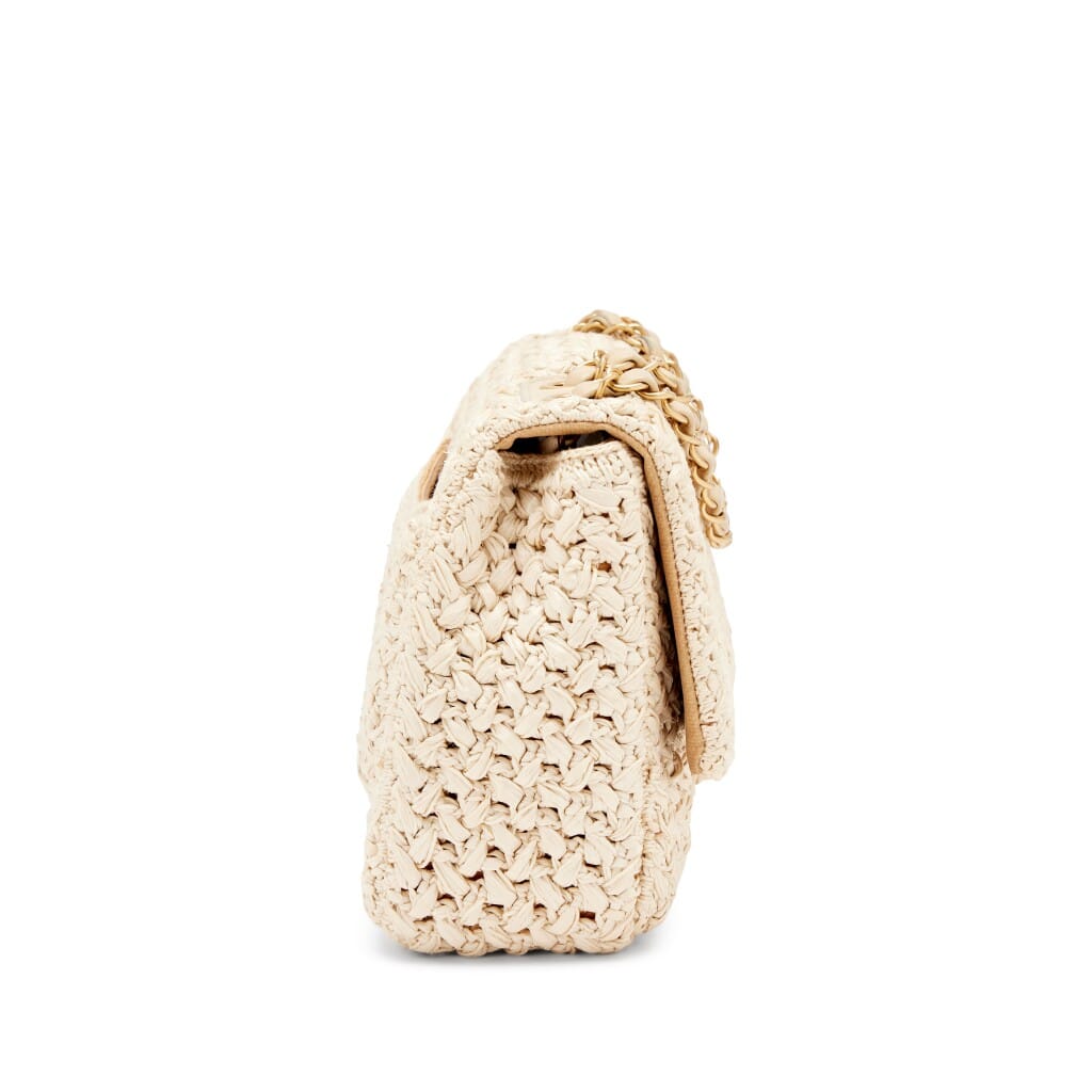Beige Raffia Crochet Ancient Greece Medium Flap Bag Aged Gold Hardware, 2018