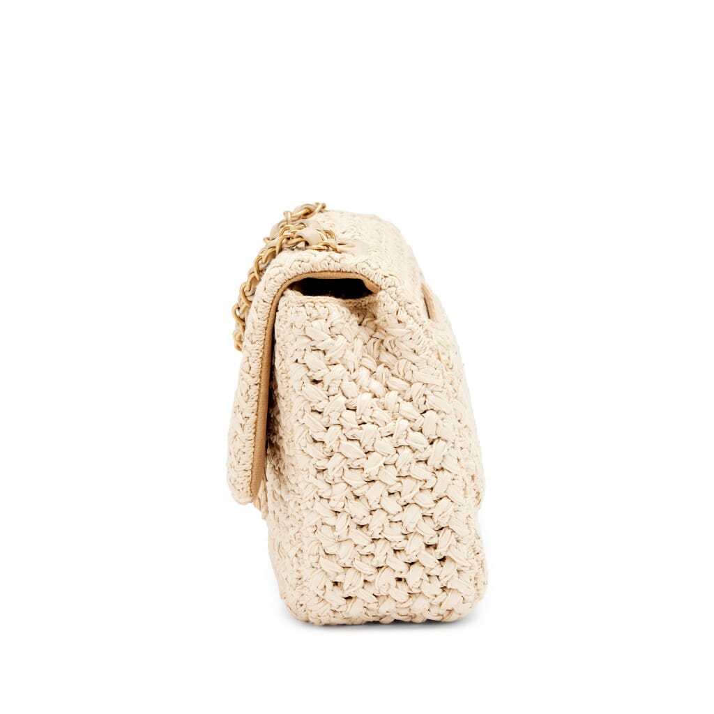 Beige Raffia Crochet Ancient Greece Medium Flap Bag Aged Gold Hardware, 2018