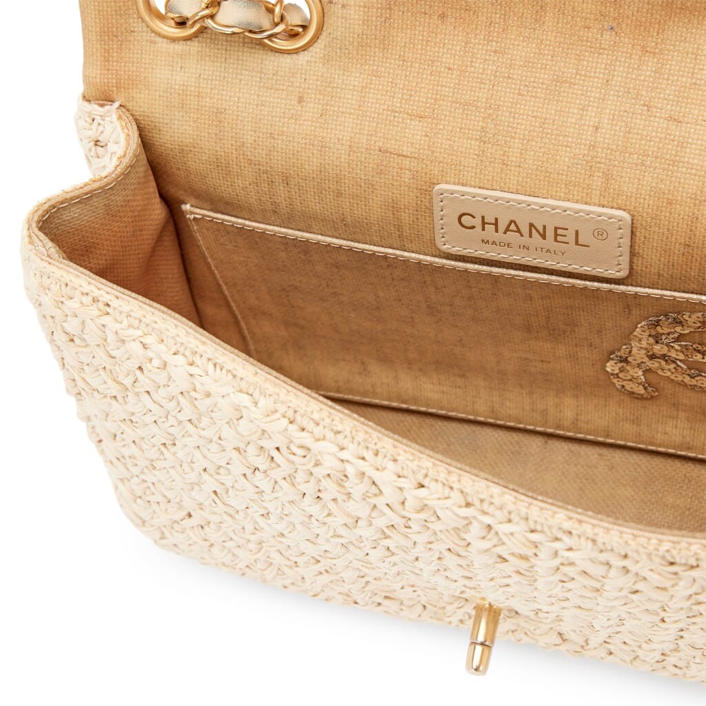 Beige Raffia Crochet Ancient Greece Medium Flap Bag Aged Gold Hardware, 2018