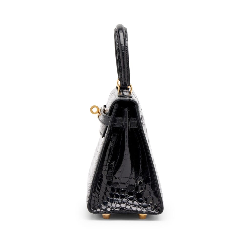 Vintage Black Shiny Porosus Crocodile Mini Kelly 20 Gold Hardware, 2002