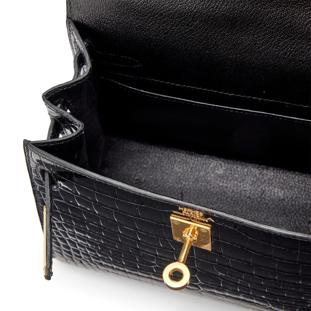 Vintage Black Shiny Porosus Crocodile Mini Kelly 20 Gold Hardware, 2002