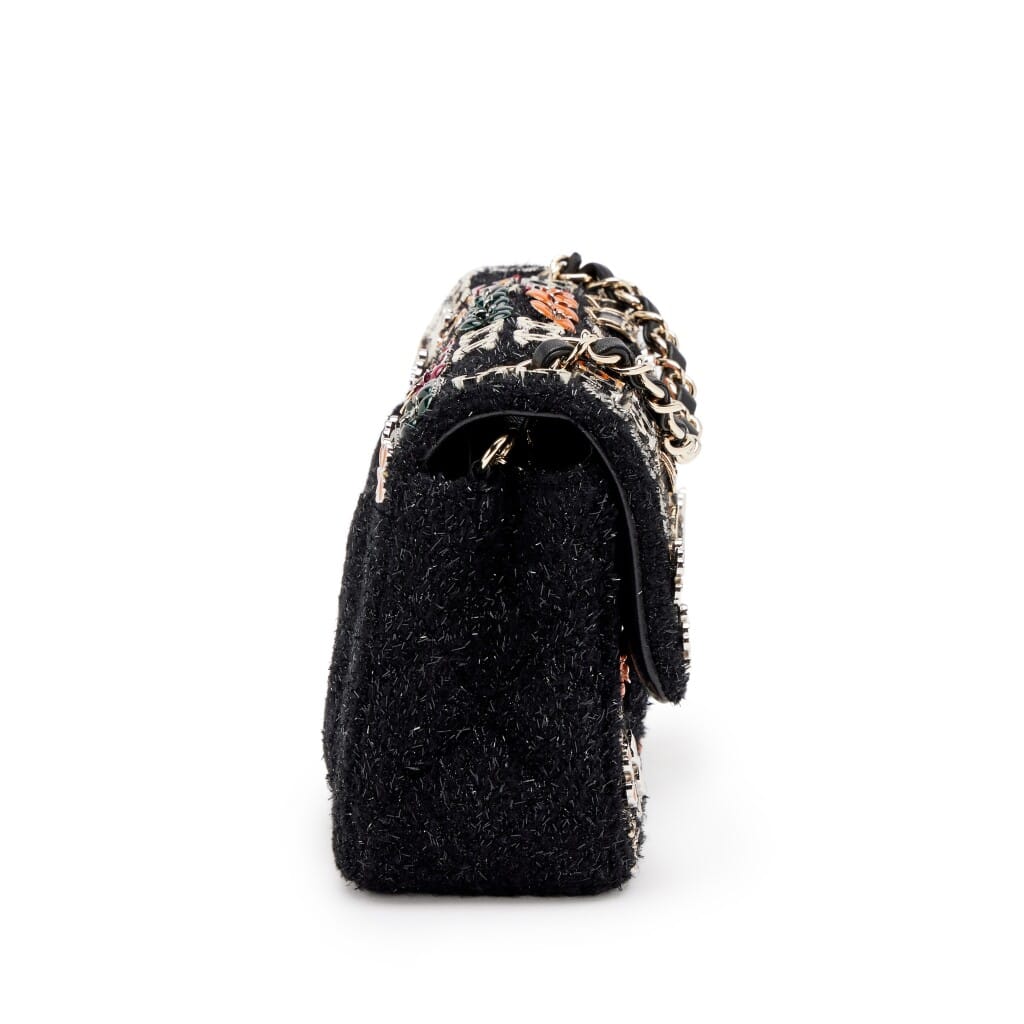 Enamel Symbol Charm Black Tweed Supermarket Jeweled Embroidered Mini Classic Flap Bag Light Gold Hardware, 2014