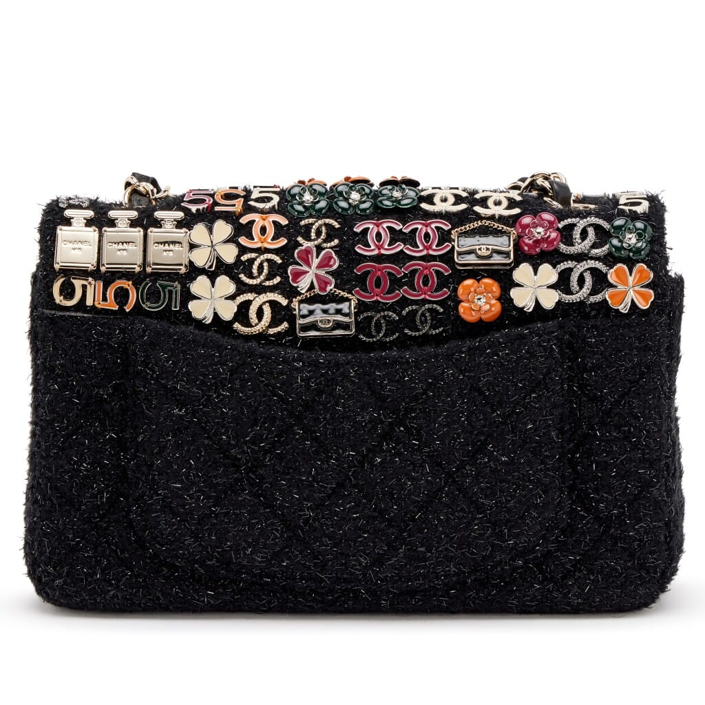 Enamel Symbol Charm Black Tweed Supermarket Jeweled Embroidered Mini Classic Flap Bag Light Gold Hardware, 2014