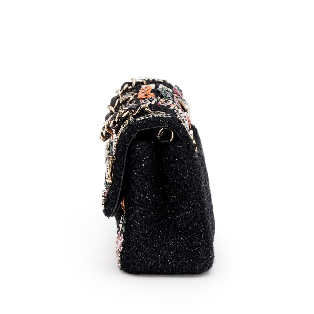 Enamel Symbol Charm Black Tweed Supermarket Jeweled Embroidered Mini Classic Flap Bag Light Gold Hardware, 2014