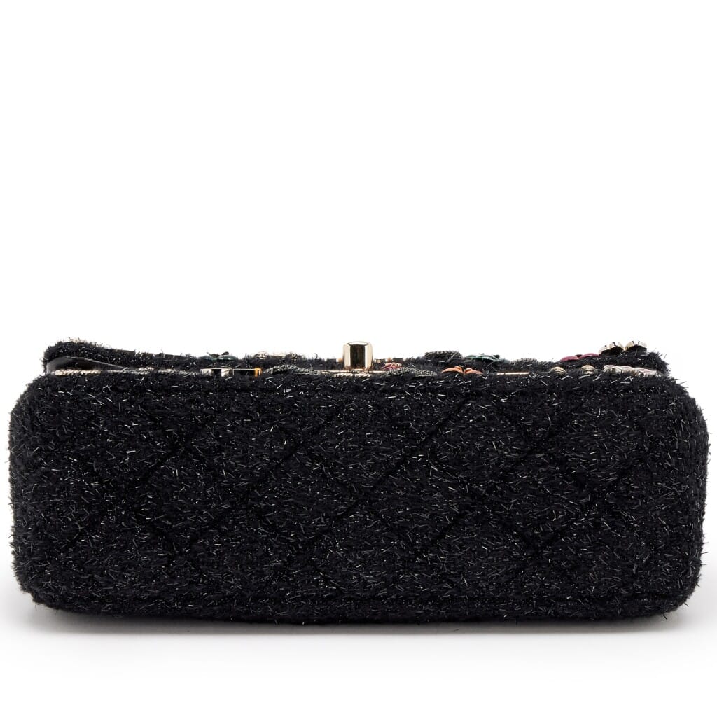 Enamel Symbol Charm Black Tweed Supermarket Jeweled Embroidered Mini Classic Flap Bag Light Gold Hardware, 2014