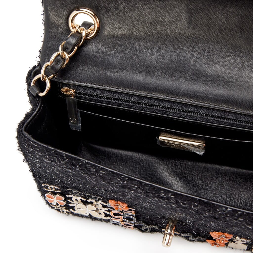 Enamel Symbol Charm Black Tweed Supermarket Jeweled Embroidered Mini Classic Flap Bag Light Gold Hardware, 2014