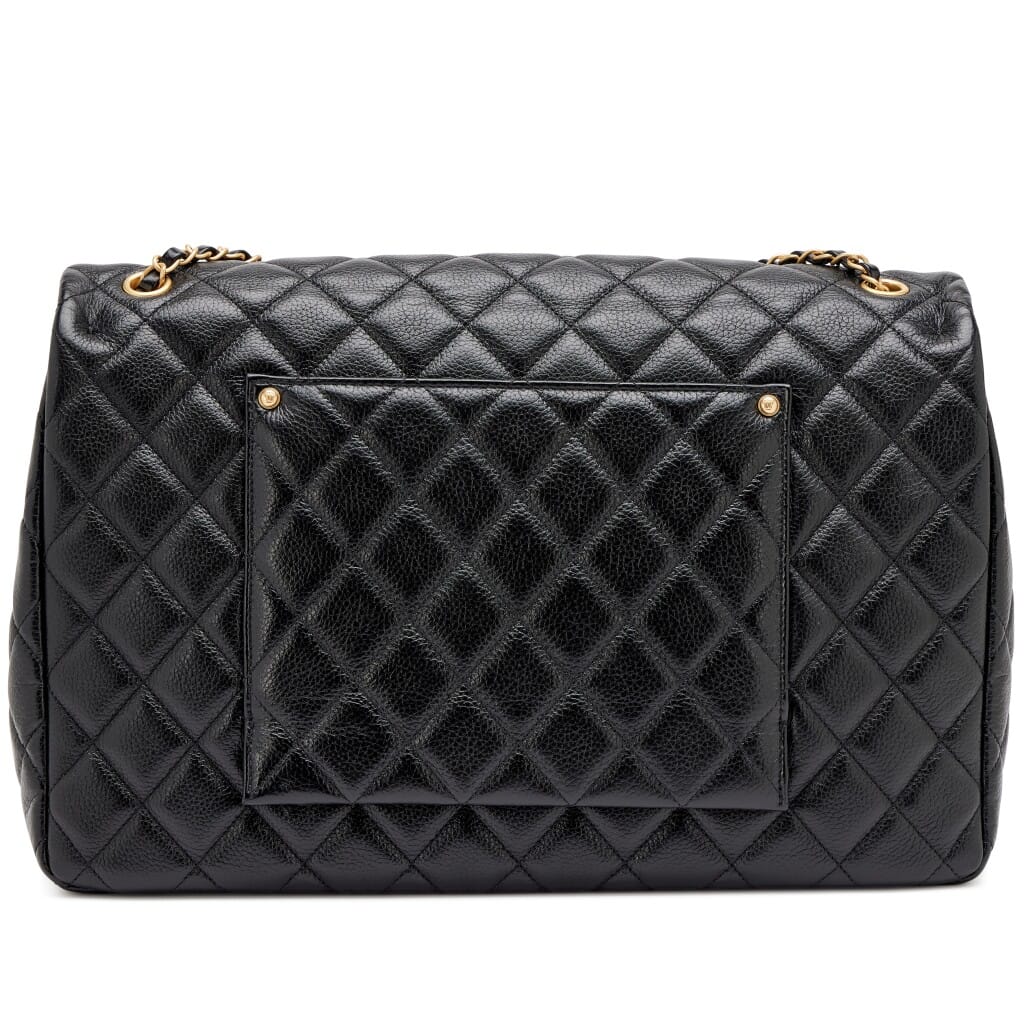 Black Quilted Grained Calfskin XXL Classic Airline Travel Flap Bag Aged Gold Hardware, 2024