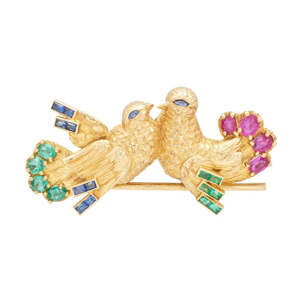 Vintage Gold, Sapphire, Emerald and Ruby Lovebirds Brooch