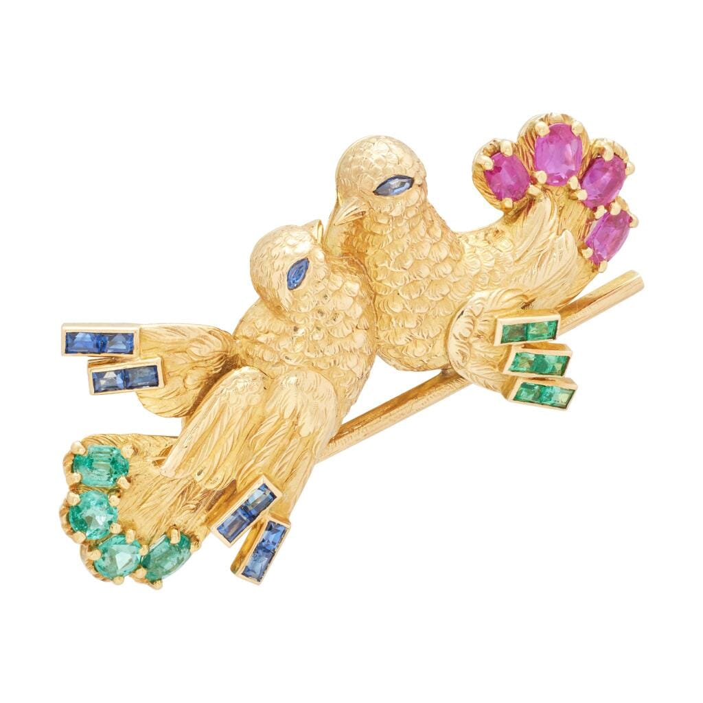 Vintage Gold, Sapphire, Emerald and Ruby Lovebirds Brooch
