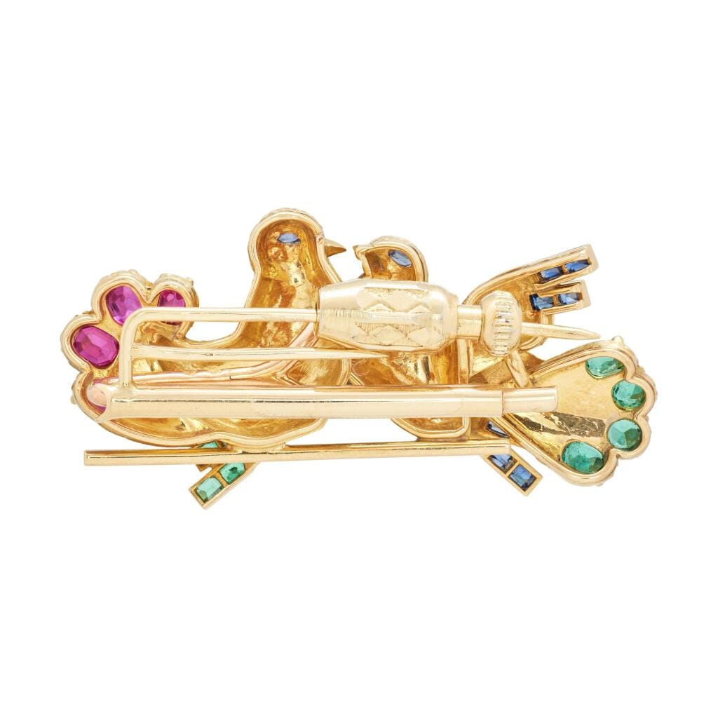 Vintage Gold, Sapphire, Emerald and Ruby Lovebirds Brooch
