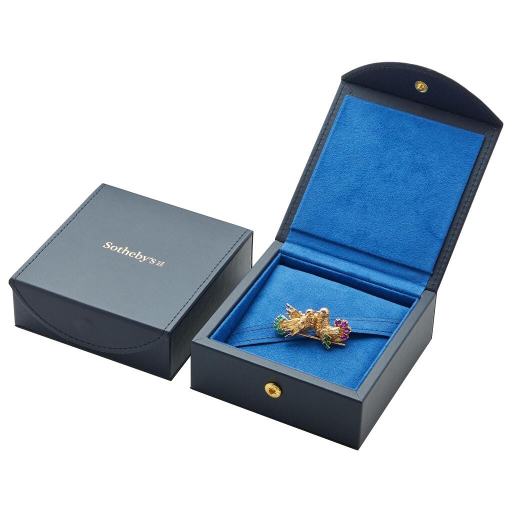 Vintage Gold, Sapphire, Emerald and Ruby Lovebirds Brooch